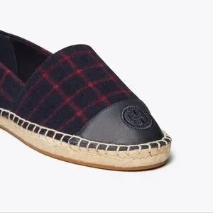 Tory Burch Shoe Espadrille Flat Plaid Check Wool Leather Holiday Blue Red 7.5