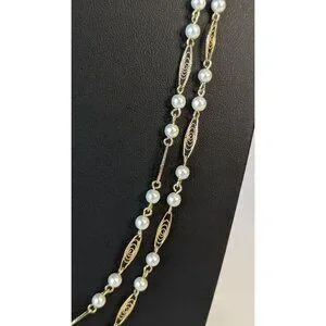 Trifari Vintage Necklace Double Strand Gold Plated Trifanium Scroll Faux Pearls