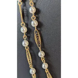 Trifari Vintage Necklace Double Strand Gold Plated Trifanium Scroll Faux Pearls