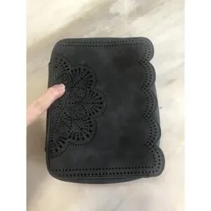 Trish McEvoy Makeup Planner Black Faux Suede Boho Scalloped 6” X 7.5” X 3”