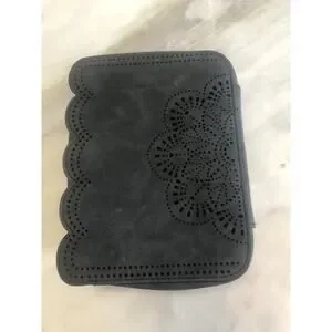 Trish McEvoy Makeup Planner Black Faux Suede Boho Scalloped 6” X 7.5” X 3”