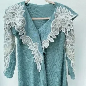 True Vintage Textured Teal & Cream Crochet Duster Coat Size Medium