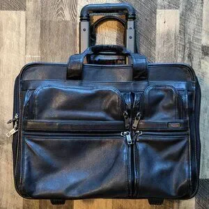Tumi Leather Wheeled Brief Laptop Travel Case 18”x13”x9” Black Bag
