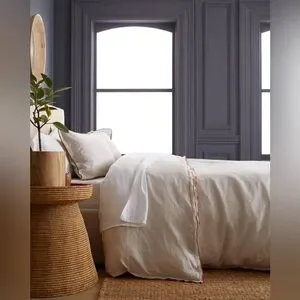 TWIN European Linen Double Embroidered Edge Duvet Cover In San With Terrcacotta