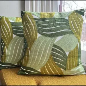 TWO Embroidered Tri Colored Green Botanical Throw Pillow Covers