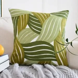 TWO Embroidered Tri Colored Green Botanical Throw Pillow Covers