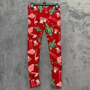 Two Left Feet Girl's Medium 6-8 Holiday Leggings Kids Flamingo Cactus Christmas