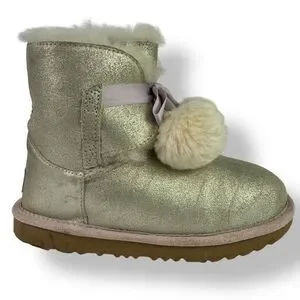Ugg Gita Metallic Gold Silver Pom Pom Classic Short Shearling Boots Kids 35 / 3
