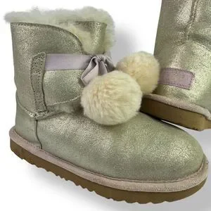 Ugg Gita Metallic Gold Silver Pom Pom Classic Short Shearling Boots Kids 35 / 3