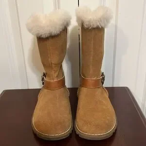 Ugg Nessa Tan Suede Leather Buckle Shearling Zip Up Back Girls Boots 9