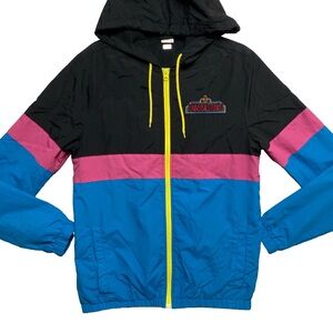 Universal Studios Rain Jacket Mens S Blue Black Pink Color Block Windbreaker