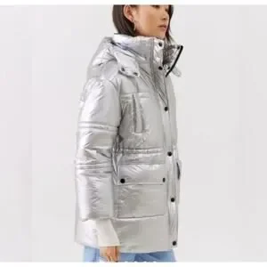 Urban Outfitters Alice Hooded Puffer Jacket Metallic Silver Large