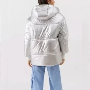 Urban Outfitters Alice Hooded Puffer Jacket Metallic Silver Large
