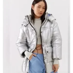 Urban Outfitters Alice Hooded Puffer Jacket Metallic Silver Large