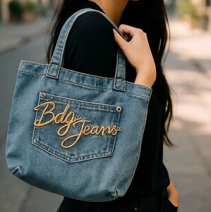 Urban Outfitters BDG Denim Jean Tote Bag Purse Blue Embroidered Logo Casual Boho