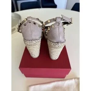 Valentino Garavani Rockstud Double Espadrille Wedge Sandals EU 40 10 Poudre Tan
