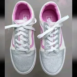 Vans Big Kids' Sz 4 Ward Sneaker Shoes White/Pink & Silver Glitter Feminine VGUC
