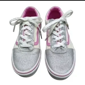 Vans Big Kids' Sz 4 Ward Sneaker Shoes White/Pink & Silver Glitter Feminine VGUC