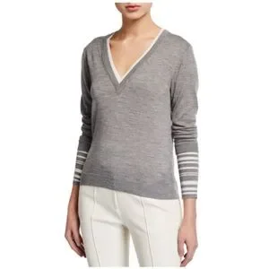 VERONICA BEARD Avory V-Neck Merino Wool Sweater Grey Melange 3XL