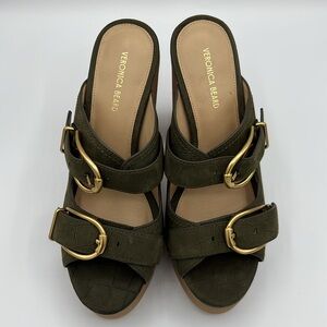 Veronica Beard Olive Green Platform Shoes With Gold Buckles