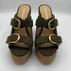 Veronica Beard Olive Green Platform Shoes with Gold Buckles