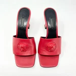 Versace Womens La Medusa Leather Shoes Heels Slides Mules Red Black 36.5 6.5