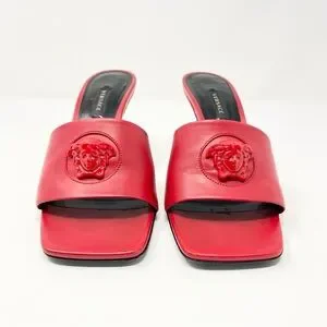 Versace Womens La Medusa Leather Shoes Heels Slides Mules Red Black 36.5 6.5
