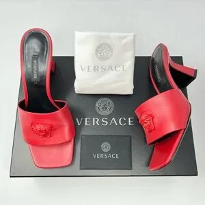 Versace Womens La Medusa Leather Shoes Heels Slides Mules Red Black 36.5 6.5