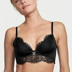 Victoria's Secret Black Lace Logo MEDIUM So Obsessed Unlined Corset Bra Top VS