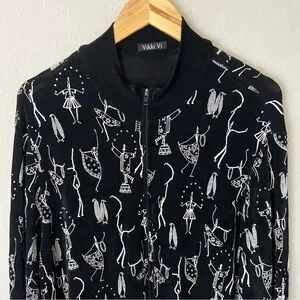 Vikki Vi Slinky Knit Full Zip Jacket Quirky Print Black White Plus 1X Artsy