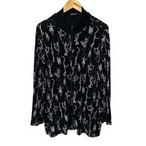 Vikki Vi Slinky Knit Full Zip Jacket Quirky Print Black White Plus 1X Artsy