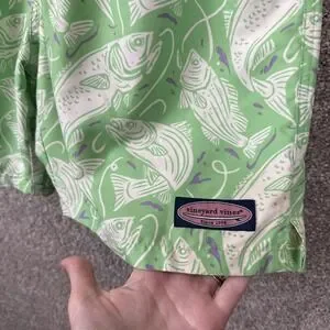 Vineyard Vines Swim Trunks Mens Small Green Fish‎ Print Logo Lined Pockets