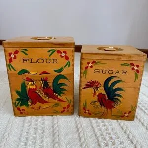 Vintage 1950s Wooden Flour Sugar Canisters Hand Painted Rooster Japan Container