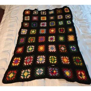 Vintage 1970s Handmade Grannysquare Colorful Hippie Throw Blanket Black
