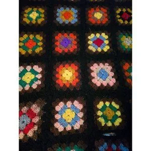 Vintage 1970s Handmade Grannysquare Colorful Hippie Throw Blanket Black
