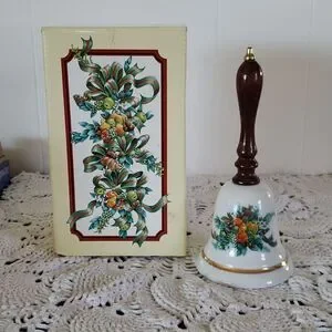 Vintage 1985 Avon Collectible Porcelain Christmas Bell with Wood Handle