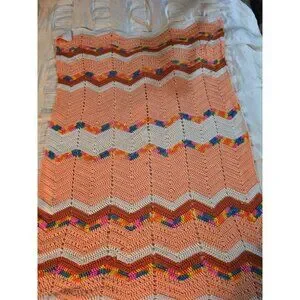 Vintage 70s Chevron Colorful Crochet Blanket Afghan Throw