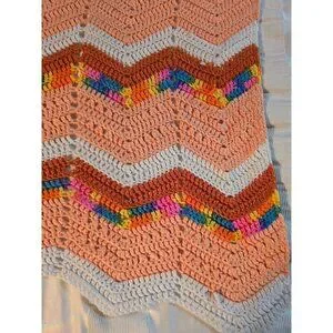 Vintage 70s Chevron Colorful Crochet Blanket Afghan Throw