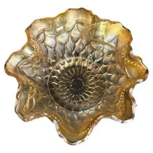 Vintage 70s Iridescent MariGold Ruffled Glass Small Candy Bowl