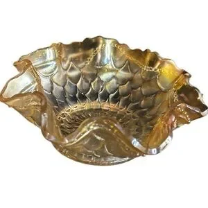 Vintage 70s Iridescent MariGold Ruffled Glass Small Candy Bowl