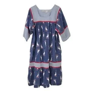 Vintage 70s RARE Krist Gudnason Sailboats Birds Nautical Boat House Dress Muumuu