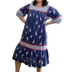 Vintage 70s RARE Krist Gudnason Sailboats Birds Nautical Boat House Dress Muumuu