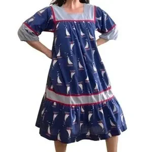 Vintage 70s RARE Krist Gudnason Sailboats Birds Nautical Boat House Dress Muumuu