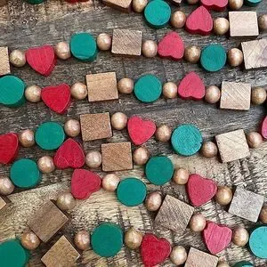 Vintage 9’2” Beaded Garland Red Green & Natural Wood