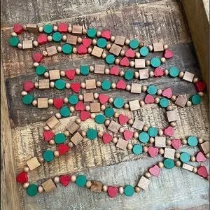 Vintage 9’2” Beaded Garland Red Green & Natural Wood