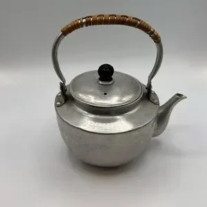 Vintage Aluminum Tea Pot Bamboo Handle Hot Water Tea Kettle