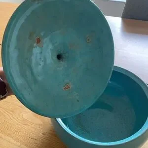 Vintage American Made Handmade Teal Blue Casserole Pottery Dish 9" With Lid