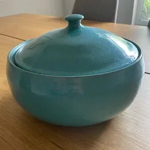 Vintage American Made Handmade Teal Blue Casserole Pottery Dish 9" with lid