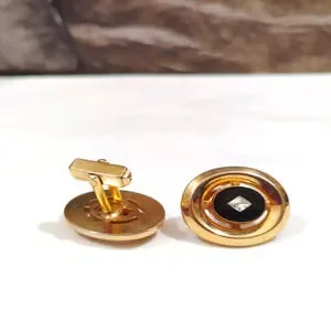 Vintage Anson Cufflinks Gold Tone Onyx Glass Faux Diamond Accent 50s Oval