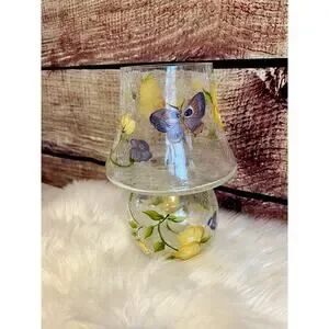 Vintage Anthropologie Floral Butterfly Hand Painted Painted Glass Lamp Vase EUC